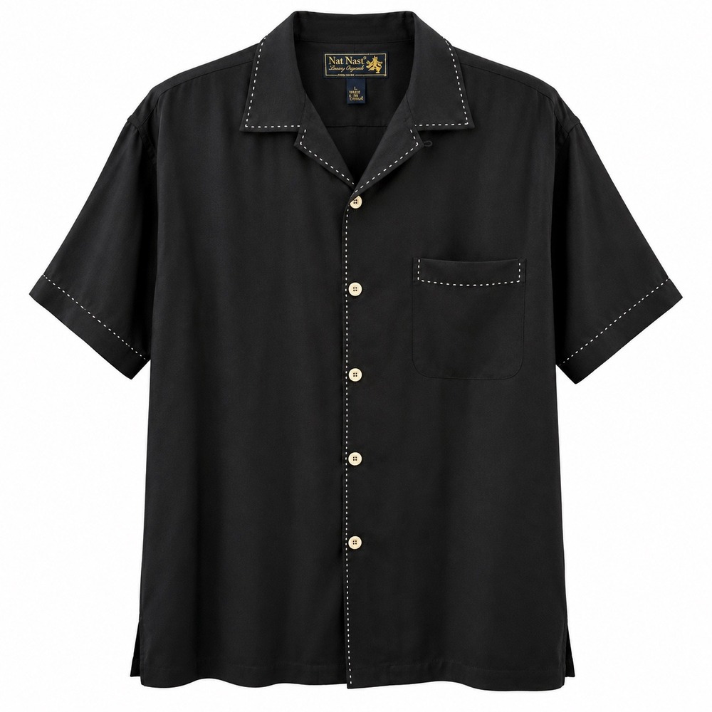 Nat Nast Mens Black 100% Silk Pick Stitch Short Sleeve Camp Bowling Shirt L